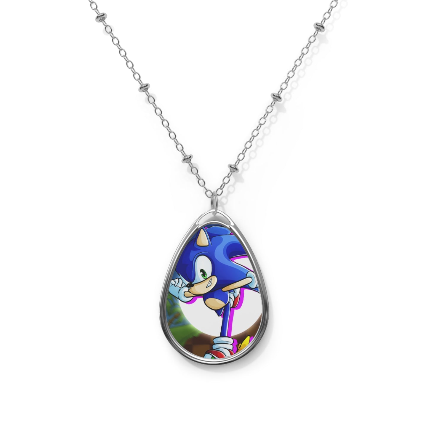 Blue Hedgehog Oval Necklace, Fan Jewelry, Gift for Gamers, Kids Accessories, Unique Layered Necklace
