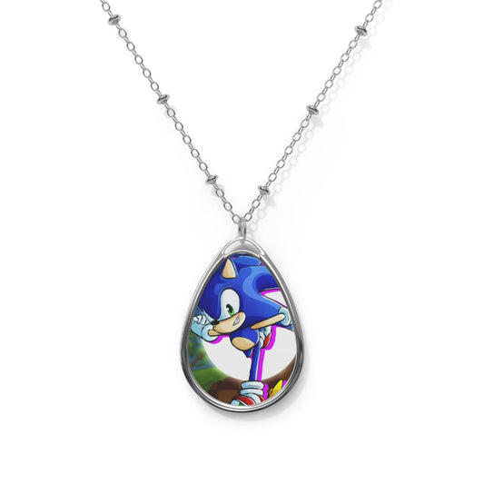 Blue Hedgehog Oval Necklace, Fan Jewelry, Gift for Gamers, Kids Accessories, Unique Layered Necklace